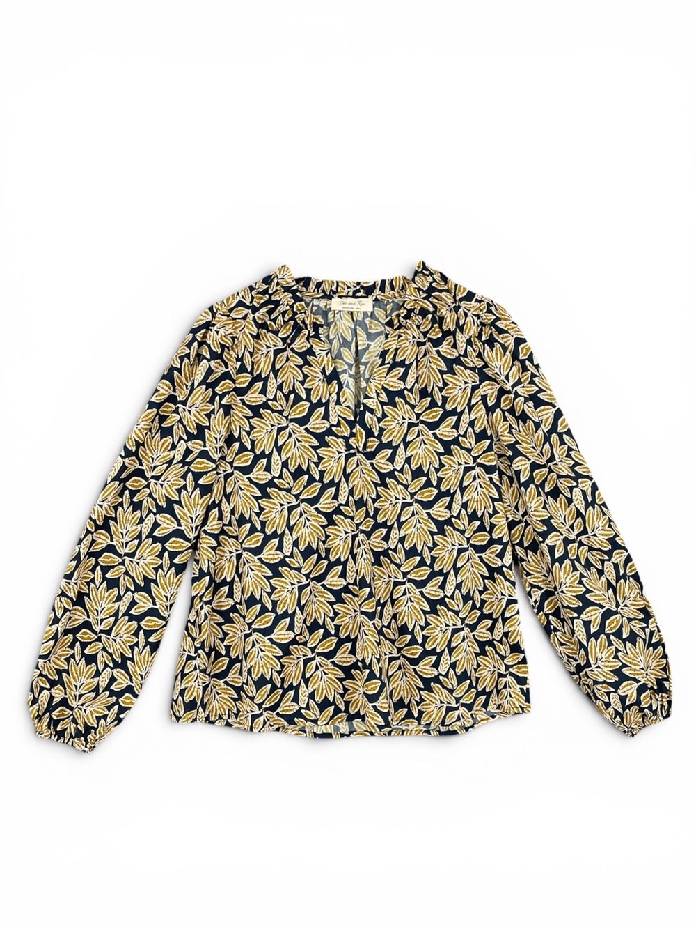 Doe & Rae Ruffle‑Collar V‑Neck Long‑Sleeve Blouse Navy Leaf Print NWOT